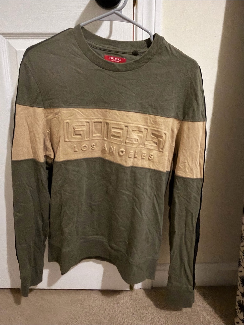 GUESS women’s Olive & Tan Long-Sleeve Logo Sweatshirt